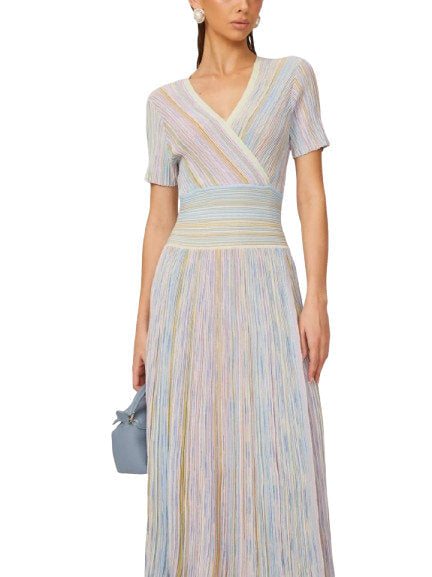 Lamé Effect Knit Striped V-Neck Dress - Dresses