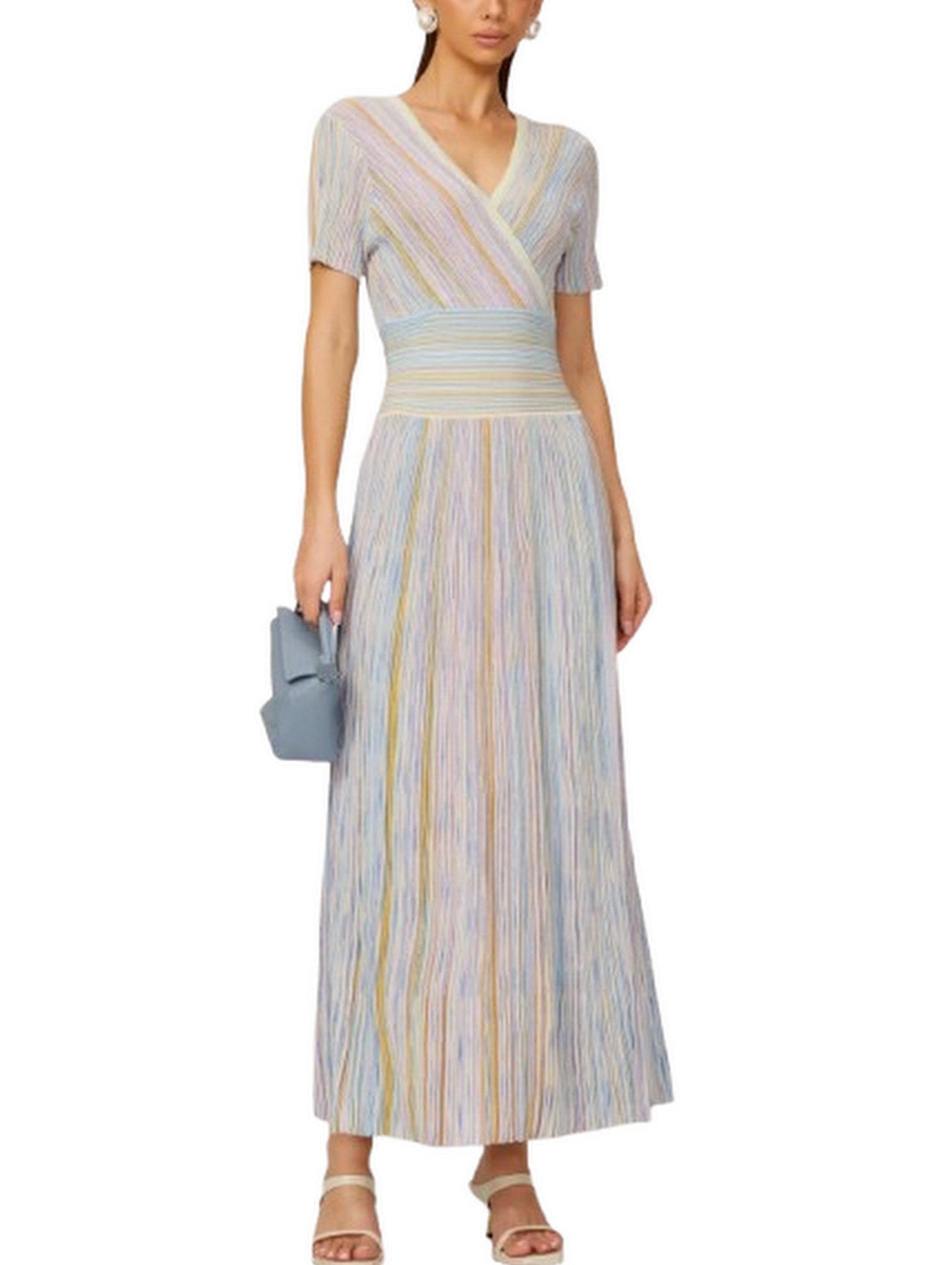 Lamé Effect Knit Striped V-Neck Dress - Dresses