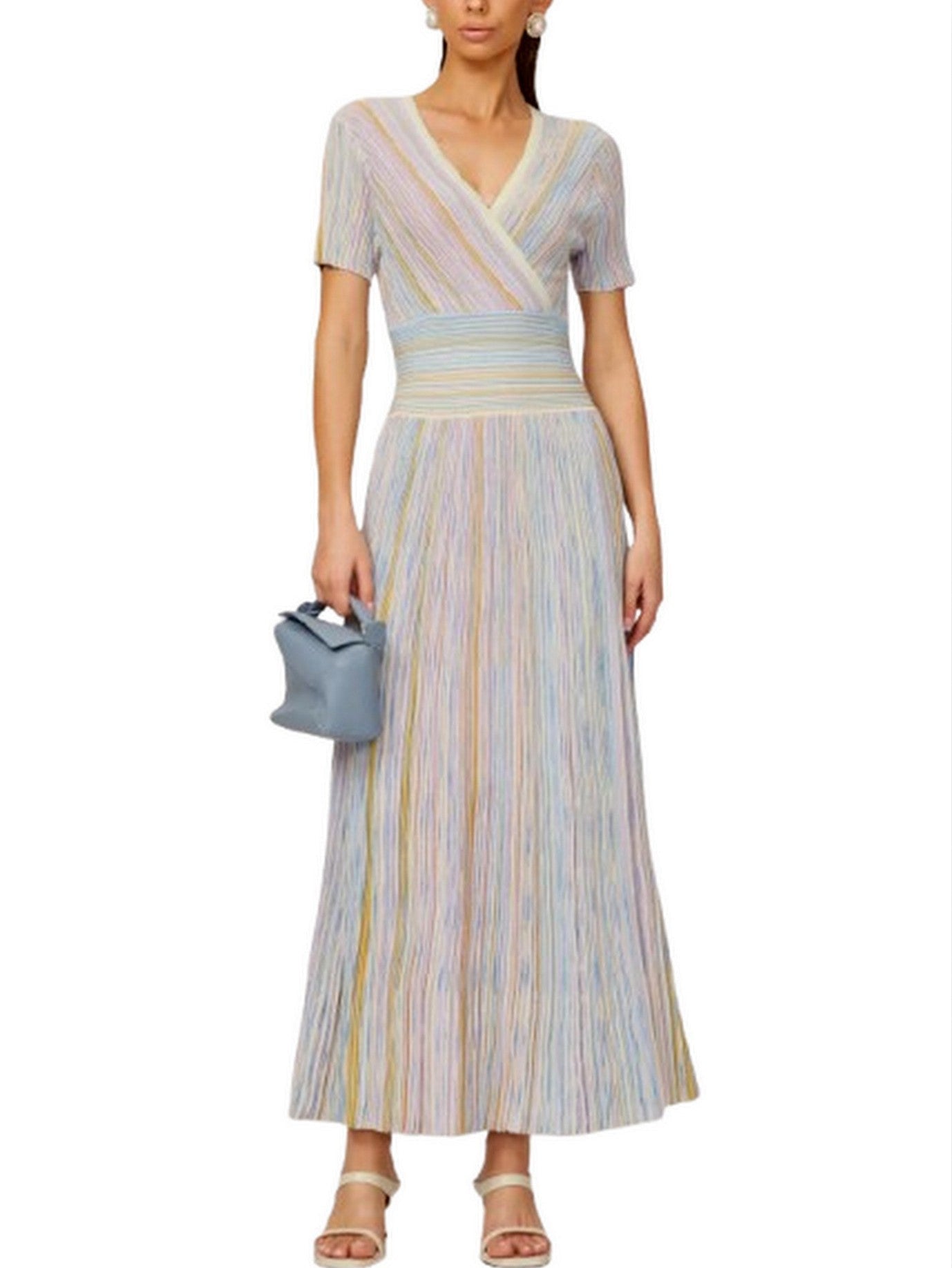 Lamé Effect Knit Striped V-Neck Dress - Dresses