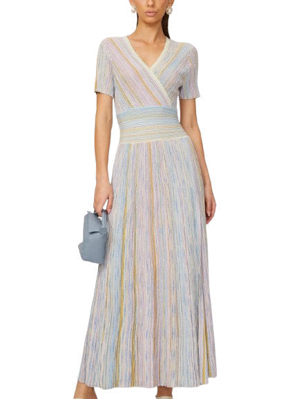 Lamé Effect Knit Striped V-Neck Dress - Dresses
