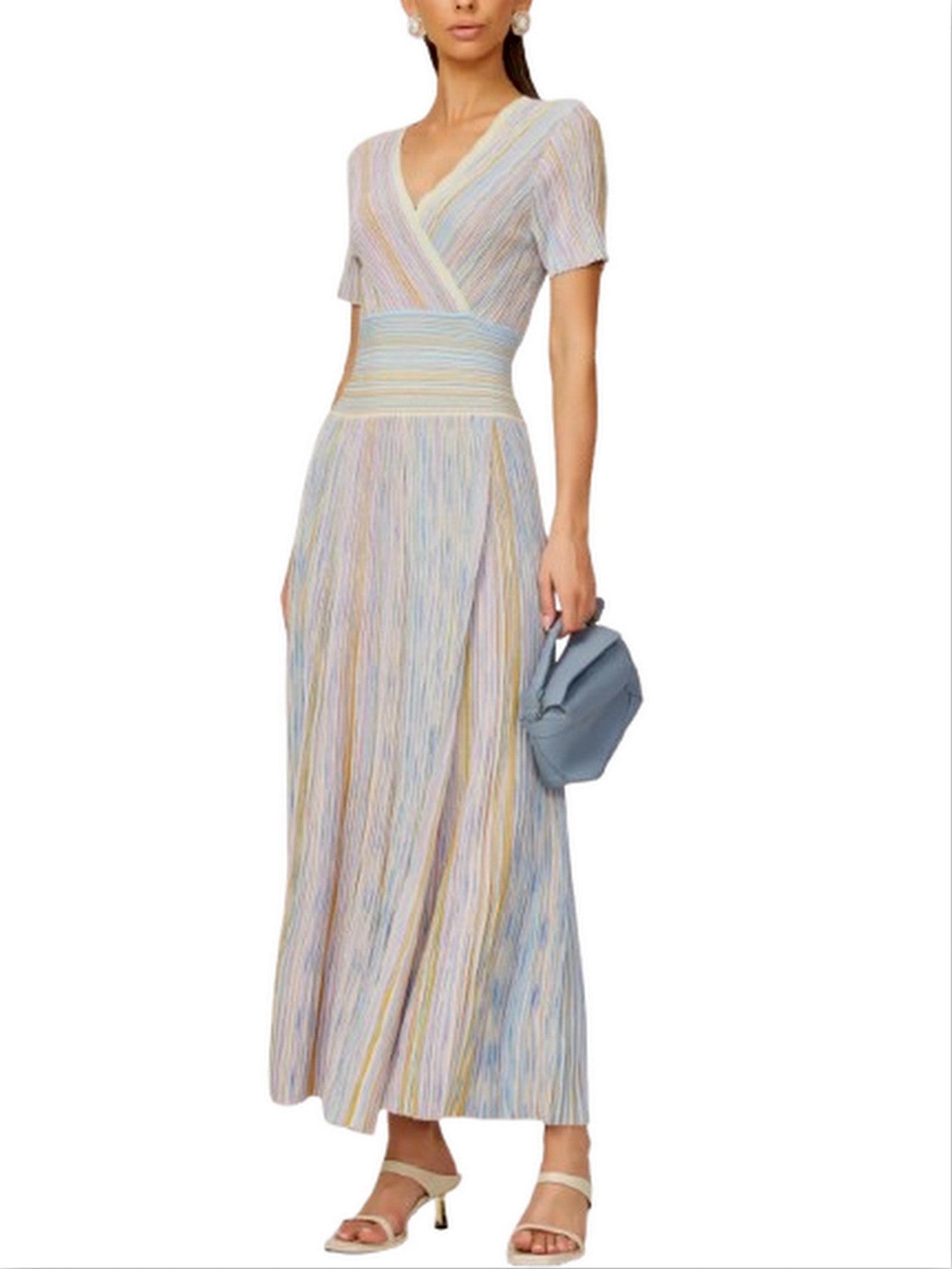 Lamé Effect Knit Striped V-Neck Dress - Dresses
