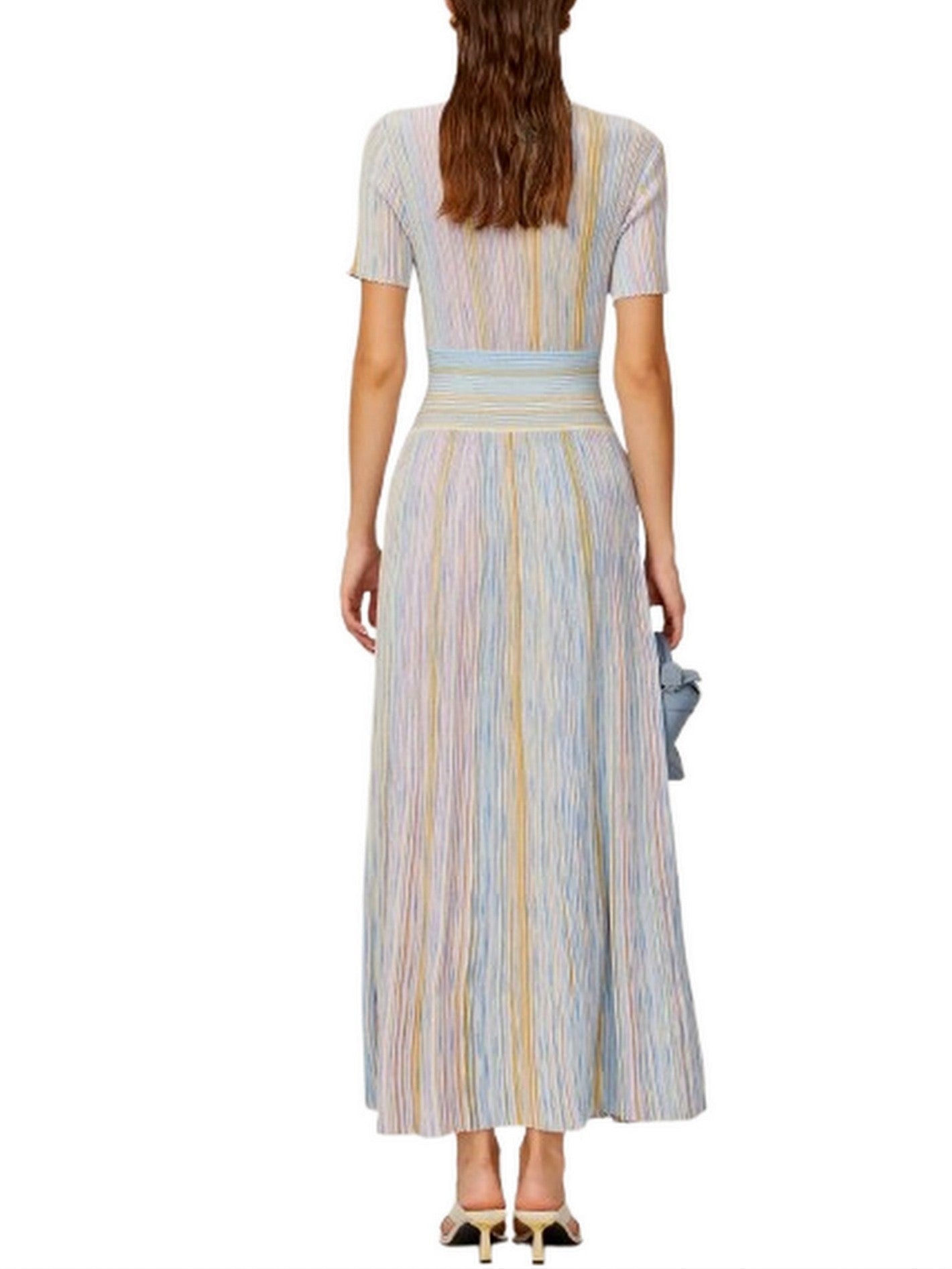 Lamé Effect Knit Striped V-Neck Dress - Dresses