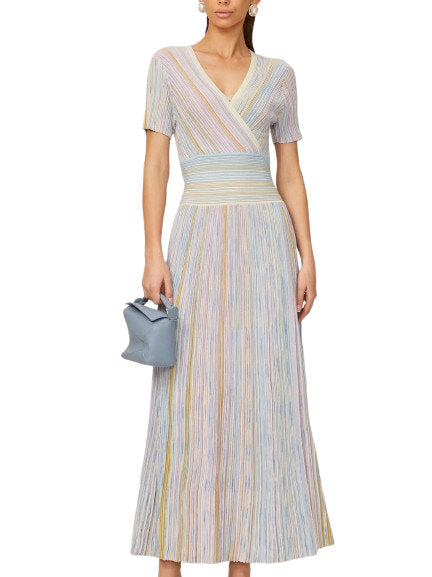 Lamé Effect Knit Striped V-Neck Dress - Dresses