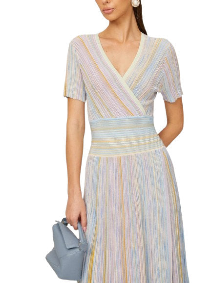 Lamé Effect Knit Striped V-Neck Dress - Dresses