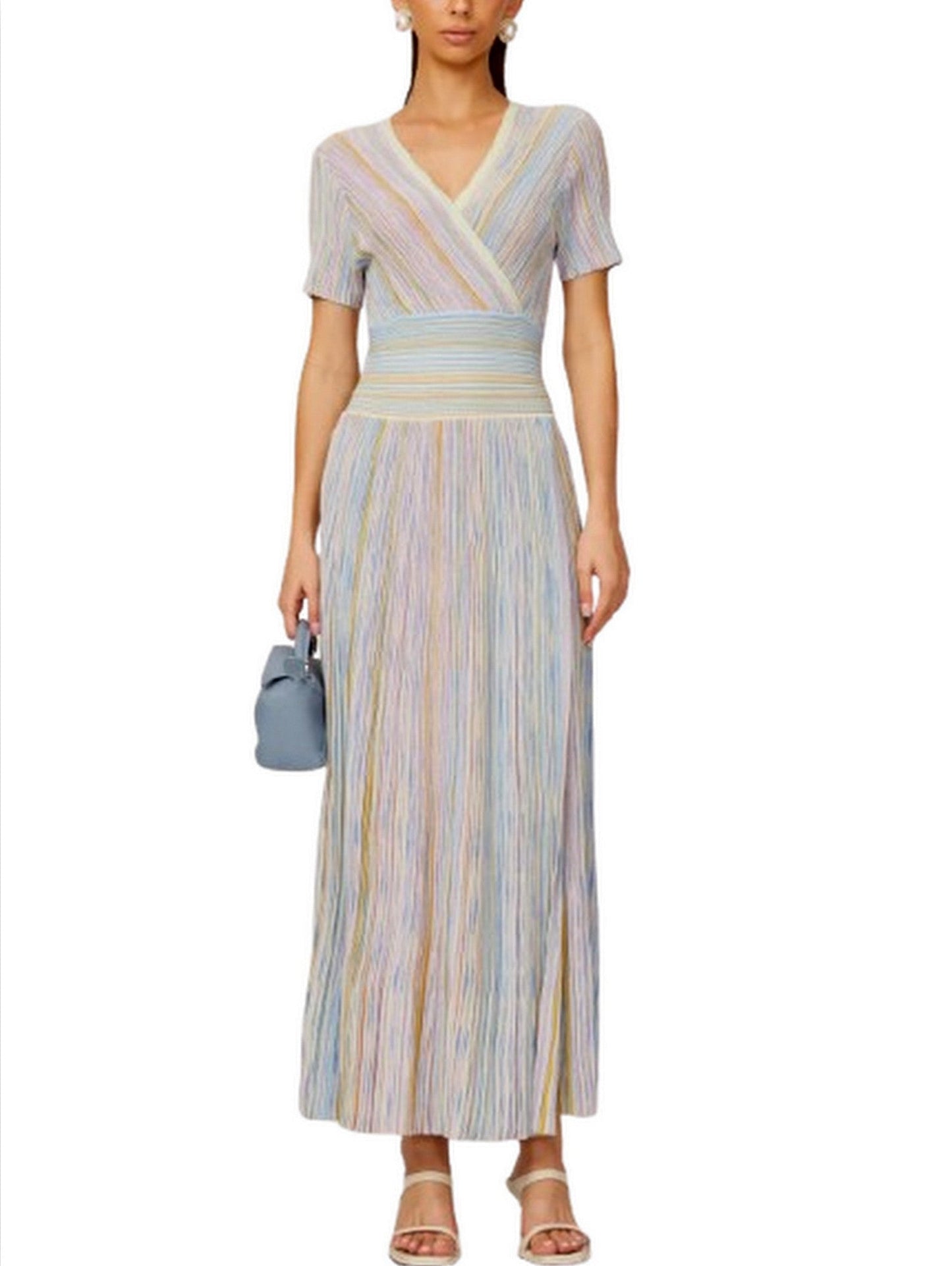 Lamé Effect Knit Striped V-Neck Dress - Dresses