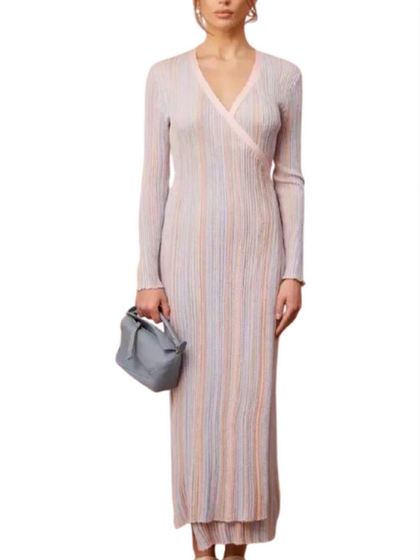 Lamé Effect Knit Striped V-Neck Wrap Dress - Dresses