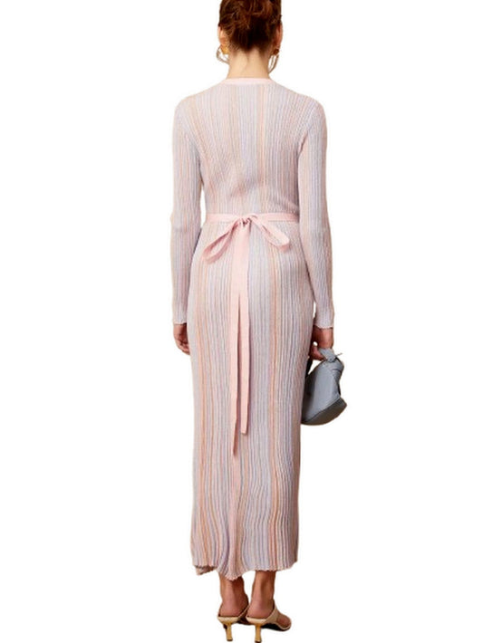 Lamé Effect Knit Striped V-Neck Wrap Dress - Dresses