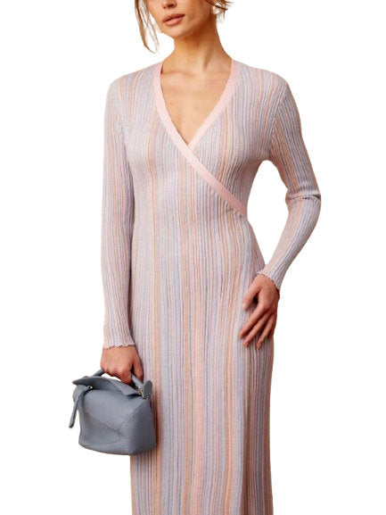 Lamé Effect Knit Striped V-Neck Wrap Dress - Dresses