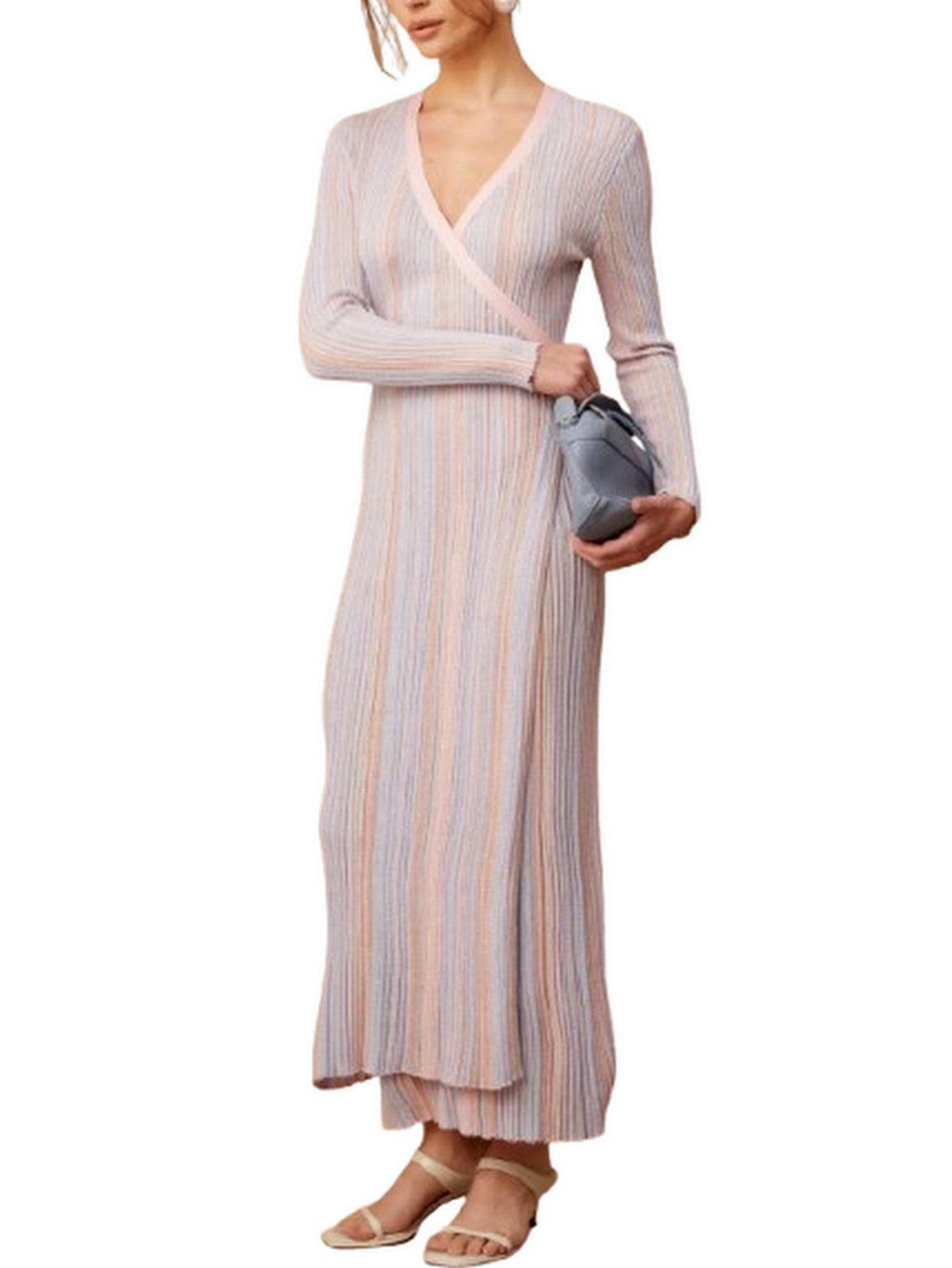 Lamé Effect Knit Striped V-Neck Wrap Dress - Dresses