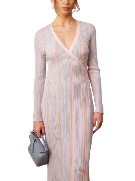 Lamé Effect Knit Striped V-Neck Wrap Dress - Dresses