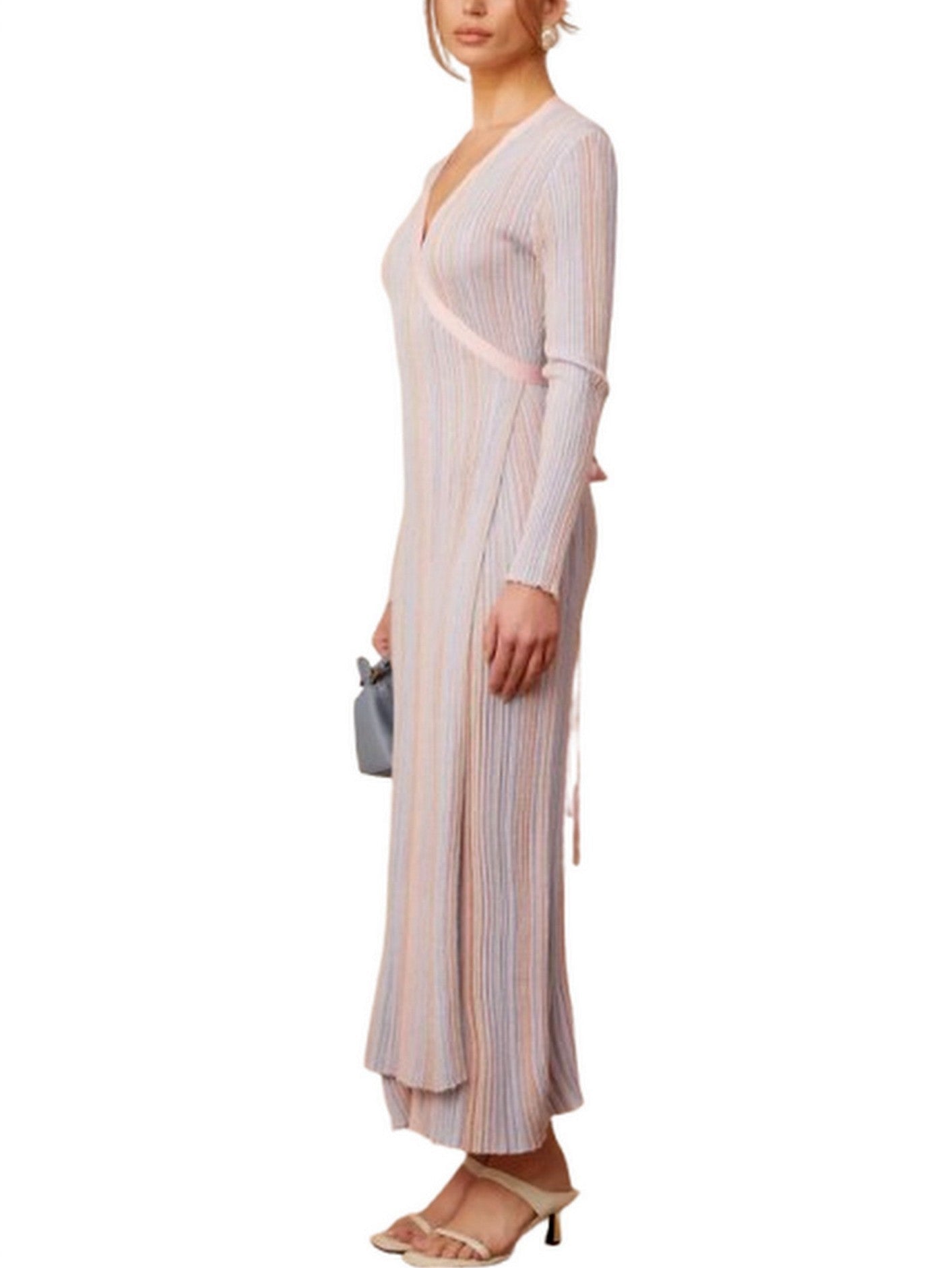 Lamé Effect Knit Striped V-Neck Wrap Dress - Dresses