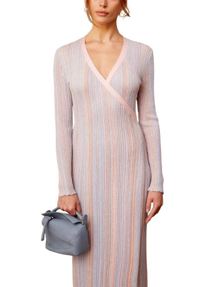 Lamé Effect Knit Striped V-Neck Wrap Dress - Dresses