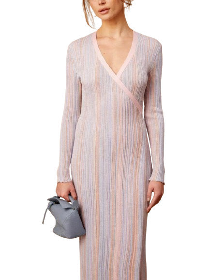 Lamé Effect Knit Striped V-Neck Wrap Dress - Dresses