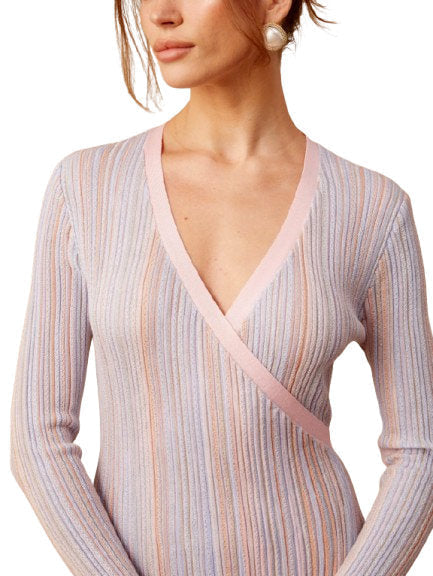Lamé Effect Knit Striped V-Neck Wrap Dress - Dresses