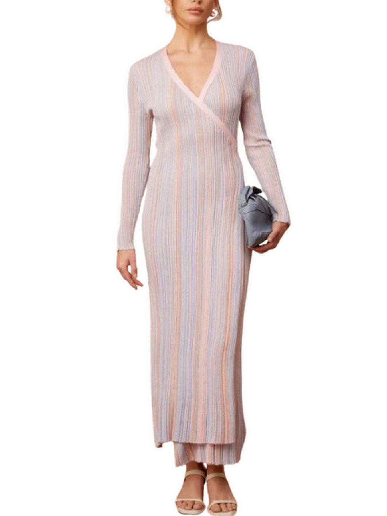 Lamé Effect Knit Striped V-Neck Wrap Dress - Dresses