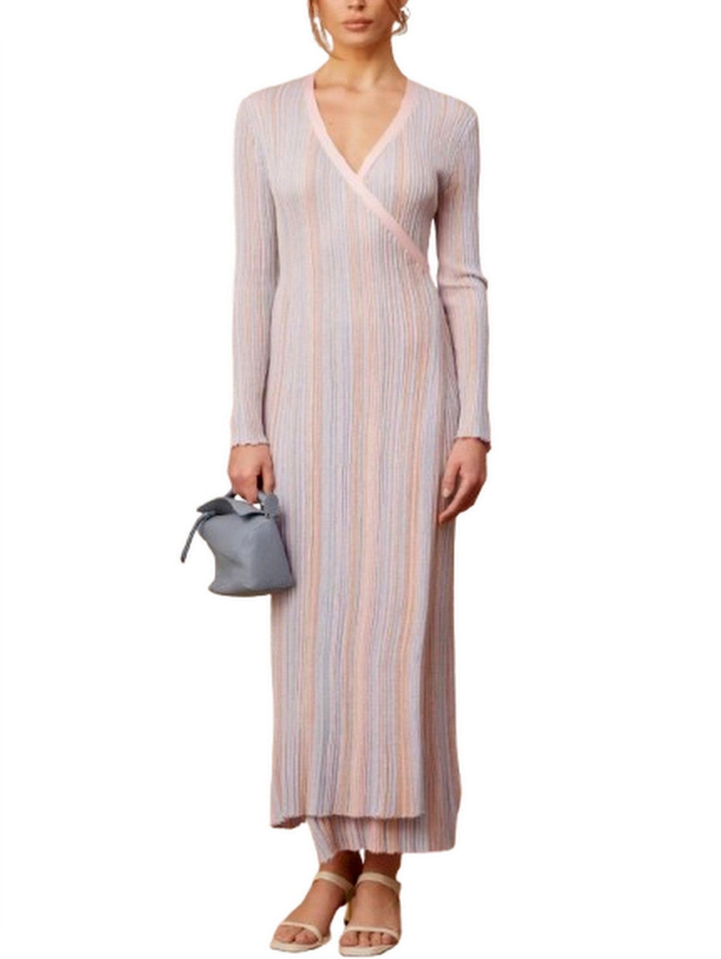 Lamé Effect Knit Striped V-Neck Wrap Dress - Dresses