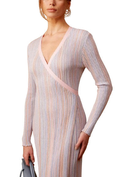 Lamé Effect Knit Striped V-Neck Wrap Dress - Dresses