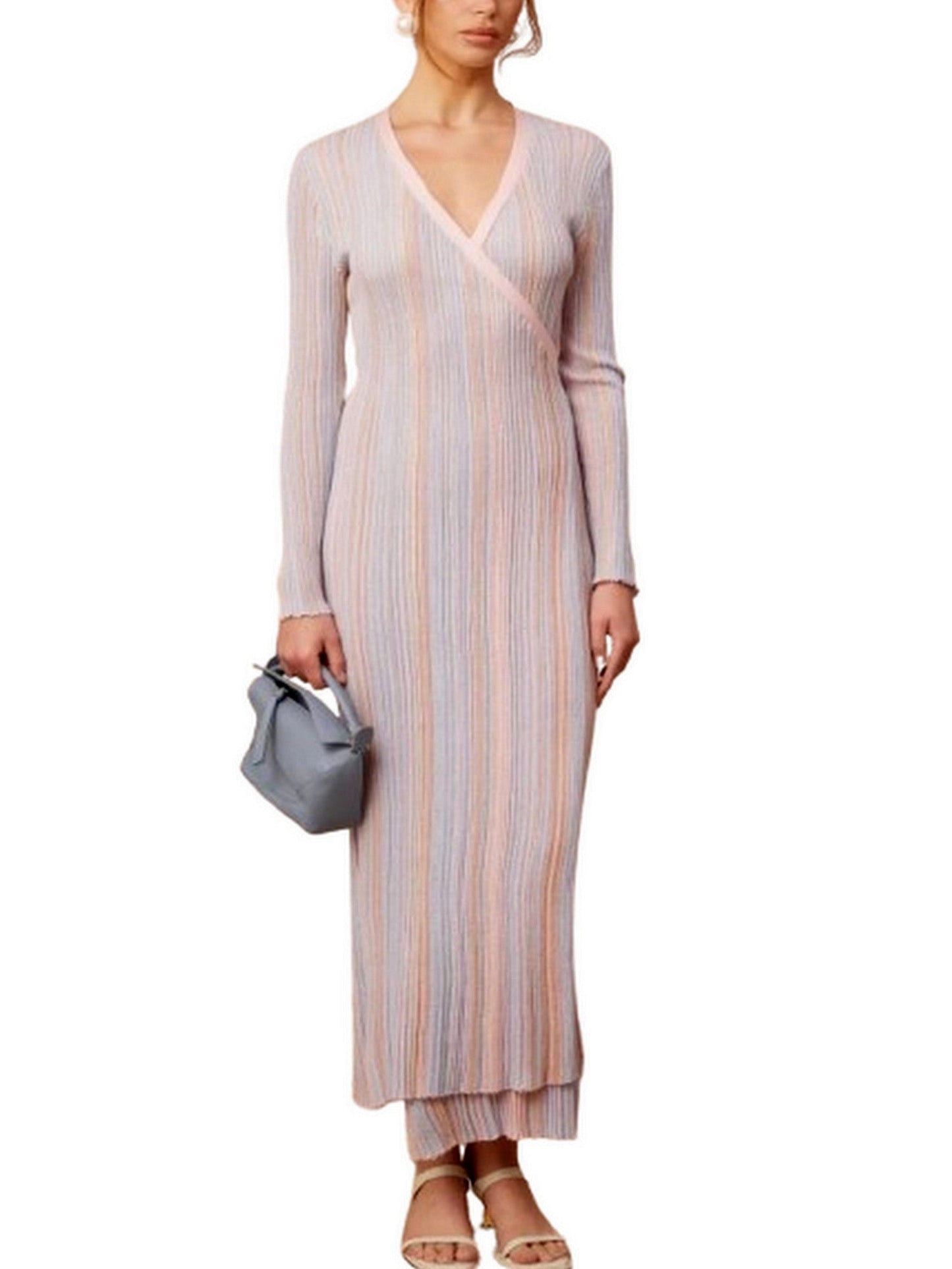 Lamé Effect Knit Striped V-Neck Wrap Dress - Dresses