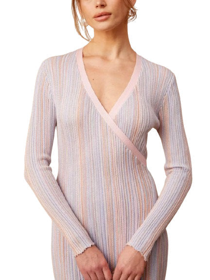 Lamé Effect Knit Striped V-Neck Wrap Dress - Dresses
