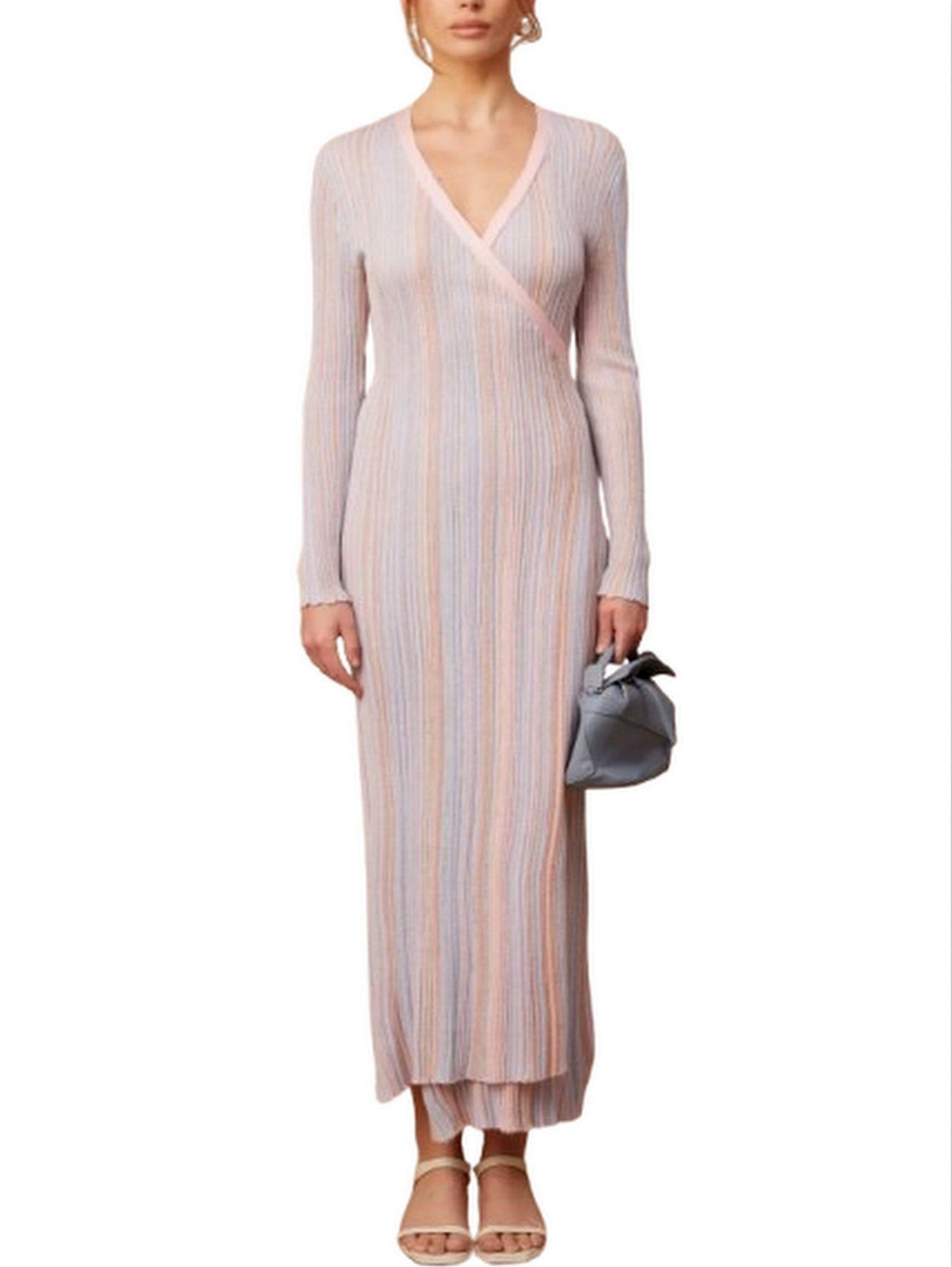 Lamé Effect Knit Striped V-Neck Wrap Dress - Dresses