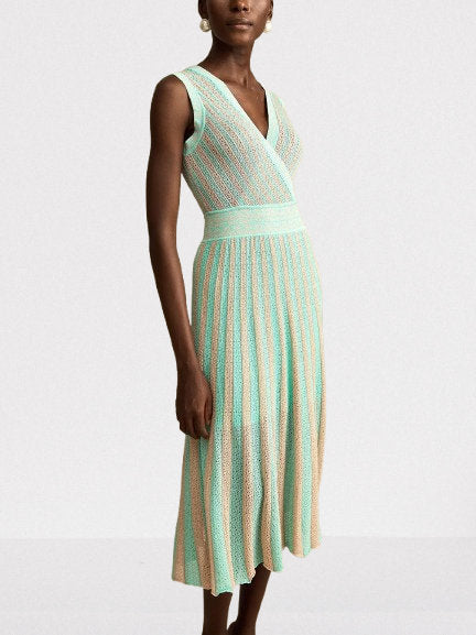 Lamé Effect Sleeveless Knit V-Neck Midi Dress - Dresses