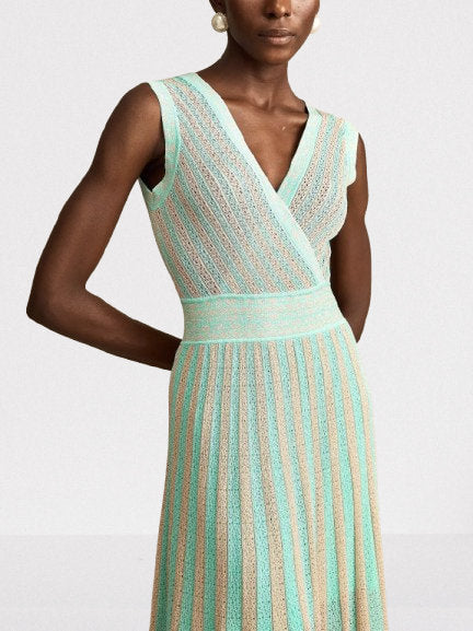 Lamé Effect Sleeveless Knit V-Neck Midi Dress - Dresses