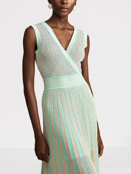 Lamé Effect Sleeveless Knit V-Neck Midi Dress - Dresses