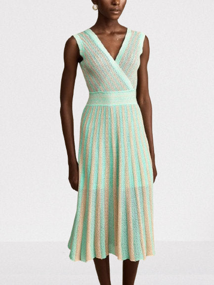 Lamé Effect Sleeveless Knit V-Neck Midi Dress - Dresses