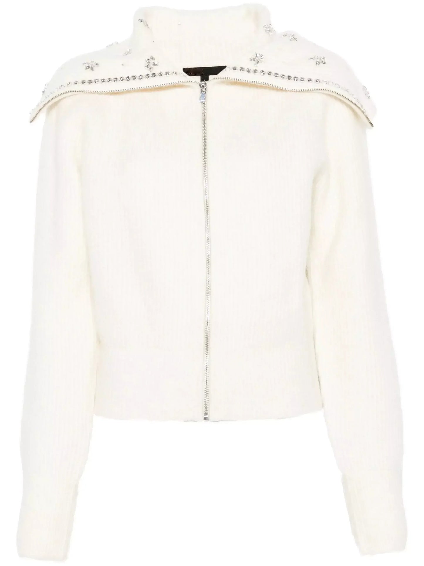 Large-Collar Crystal-Embellished Cardigan Sweater in Ecru - Sweaters & Knitwear