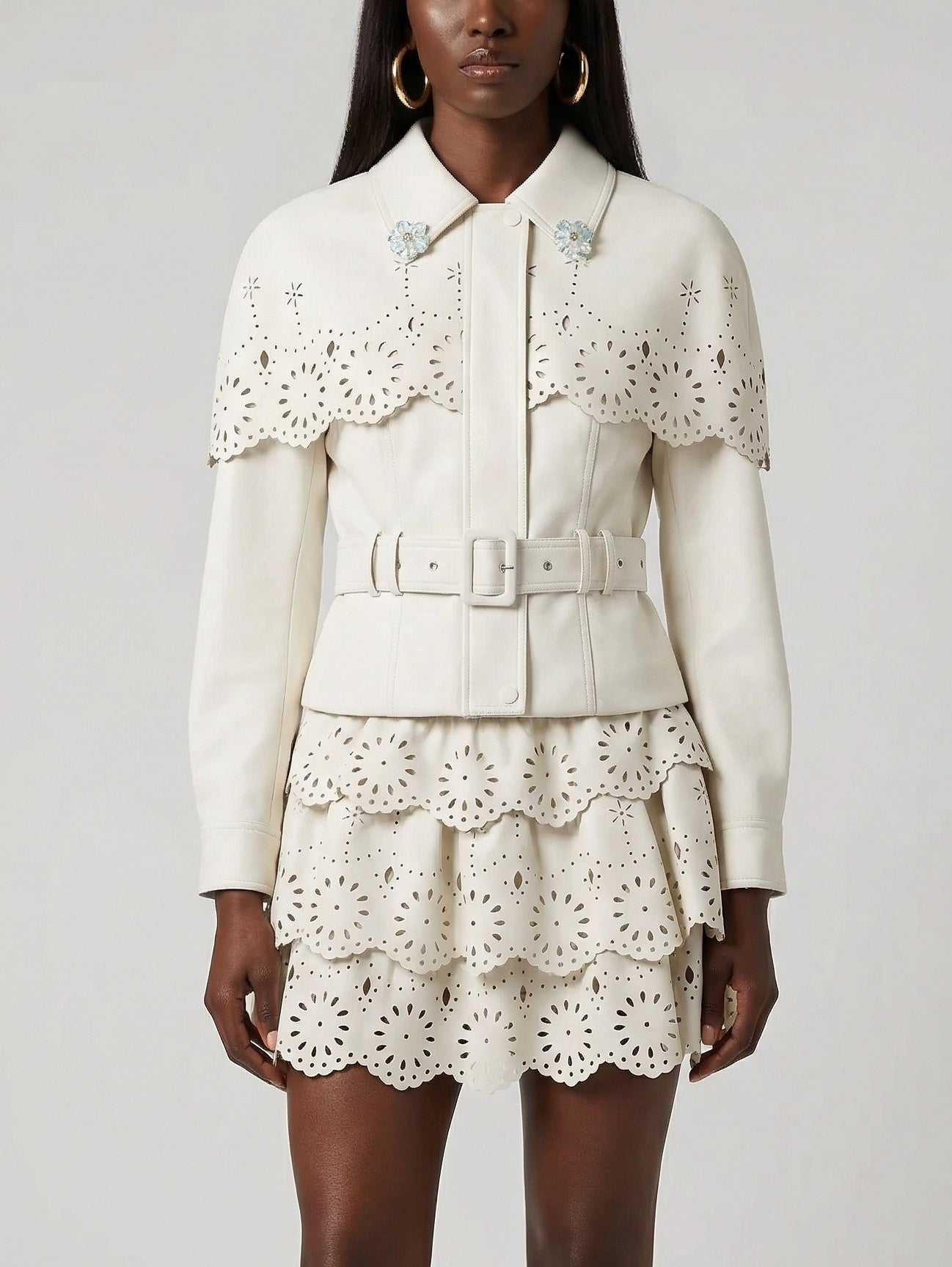 Laser-Cut Faux-Leather Jacket & Skirt Set - Small / Off-White - Suits & Sets