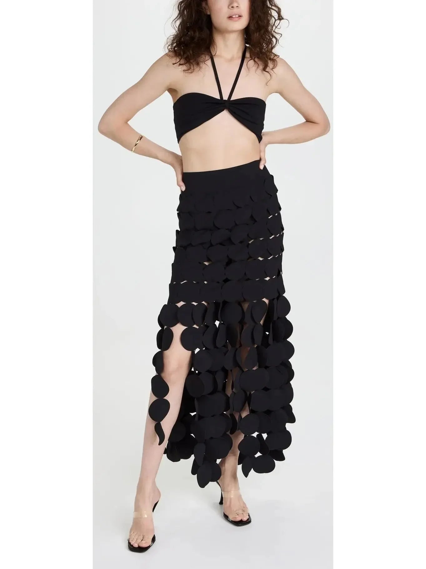 Laser-Cut Layered Circle Skirt in Black - Skirts