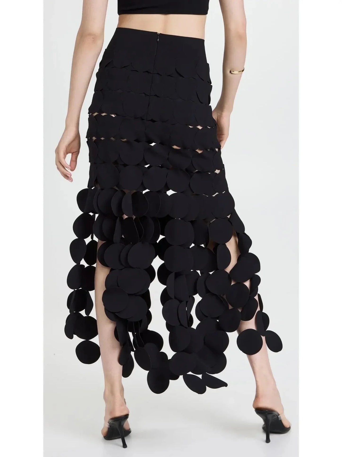 Laser-Cut Layered Circle Skirt in Black - Skirts