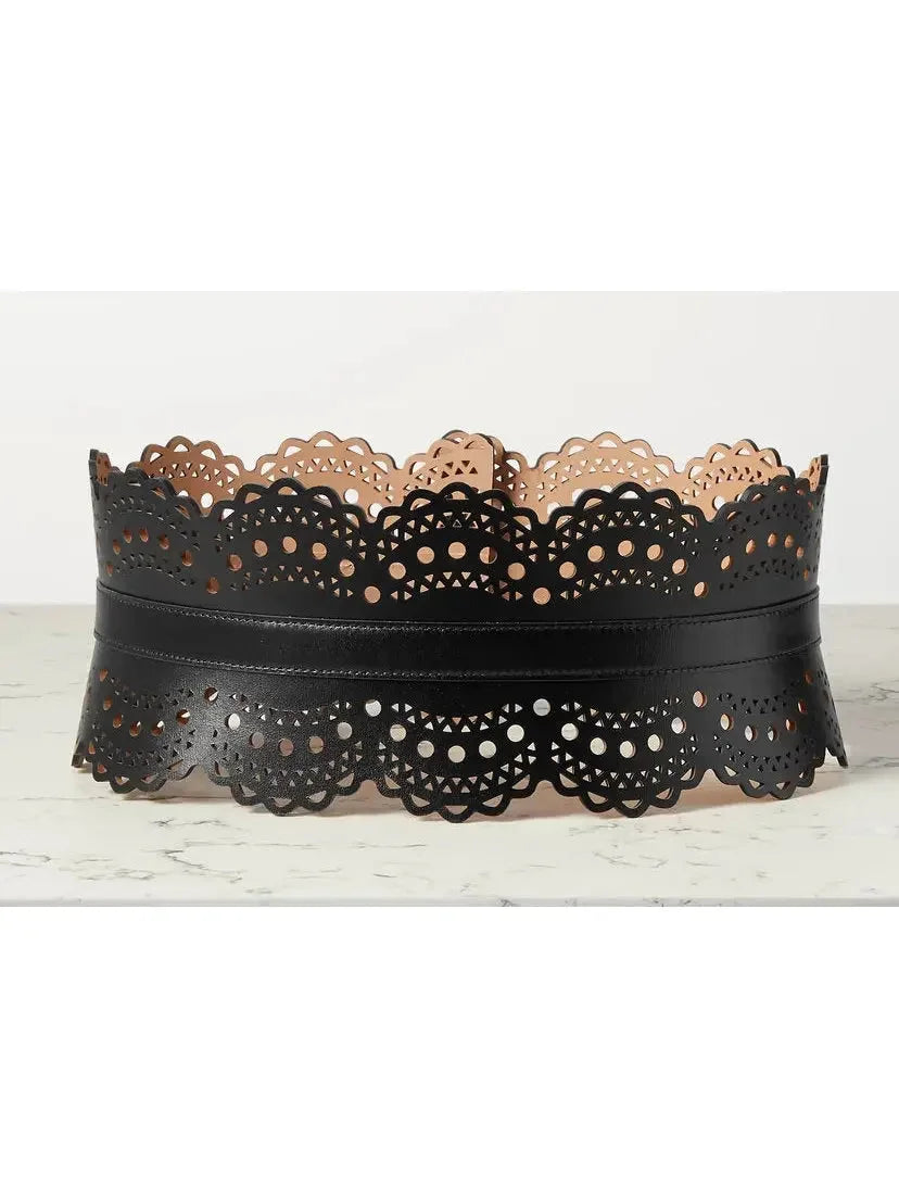 Laser-Cut Leather Corset Waist Belt in Black - Accessories