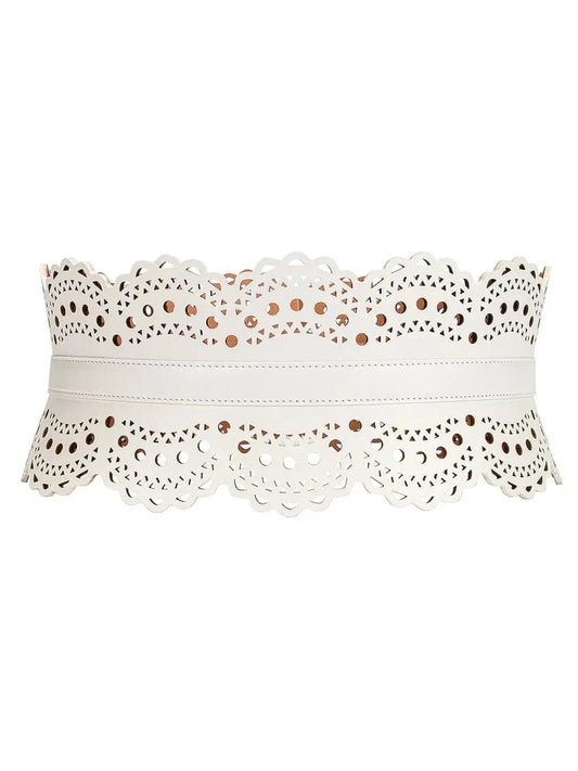 Laser-Cut Leather Corset Waist Belt in White - Accessories