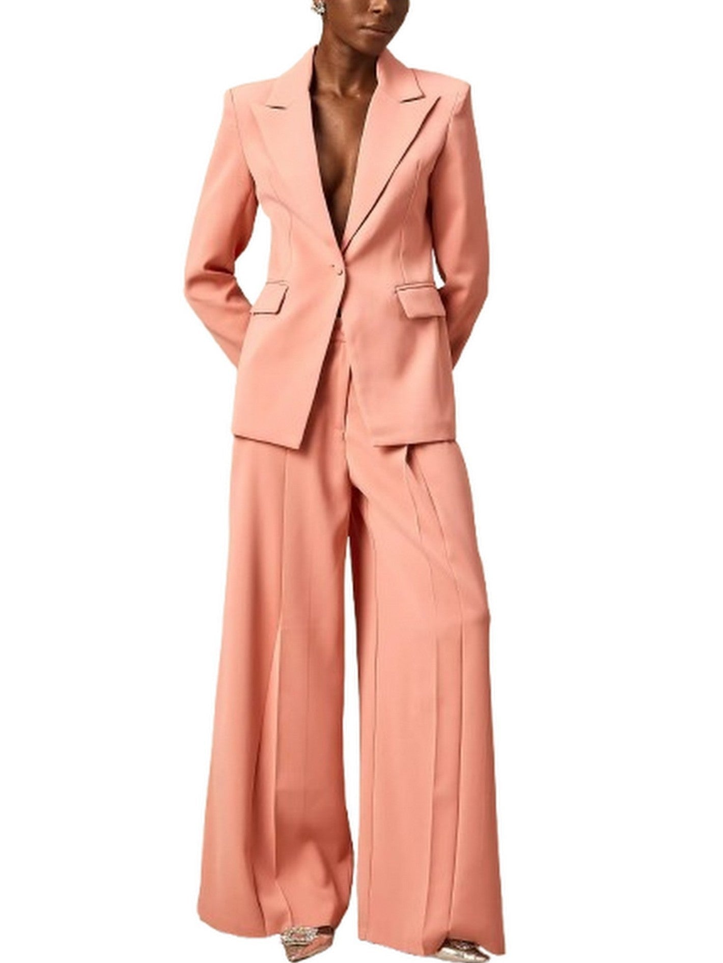 Laser-Cut Single-Breasted Blazer and Wide-Leg Pant Set - Suits & Sets
