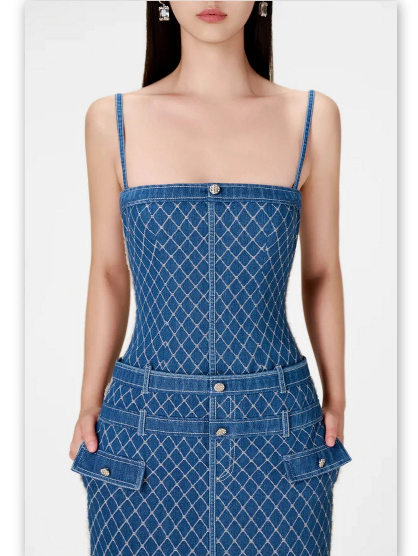 Lattice Pattern Long Denim Sleeveless Dress - Dresses
