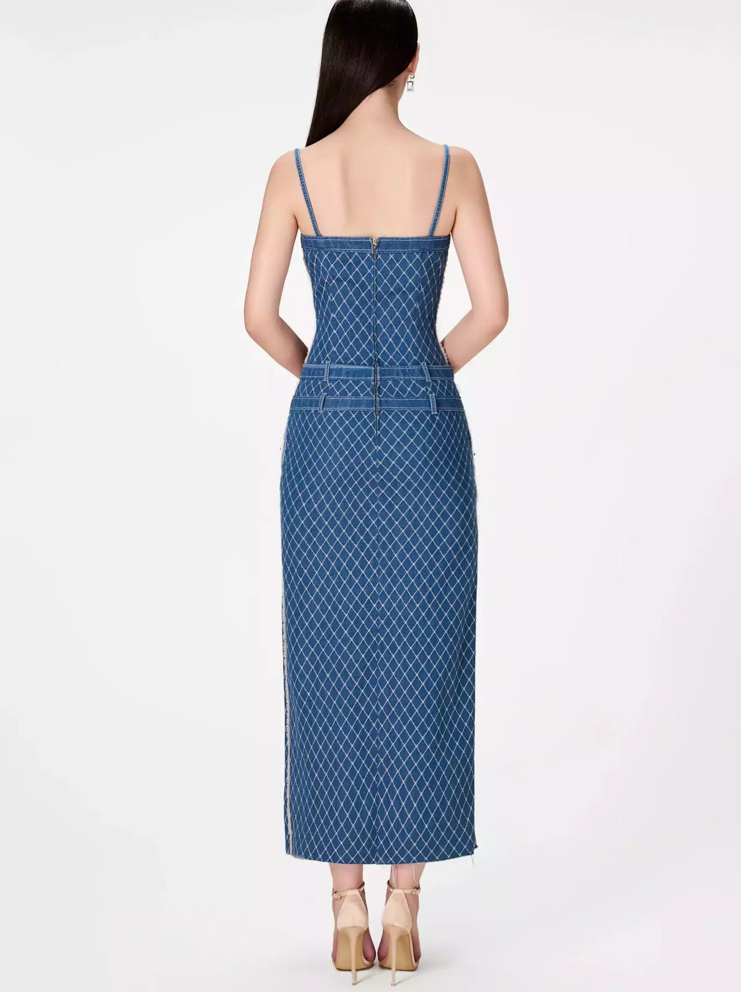 Lattice Pattern Long Denim Sleeveless Dress - Dresses