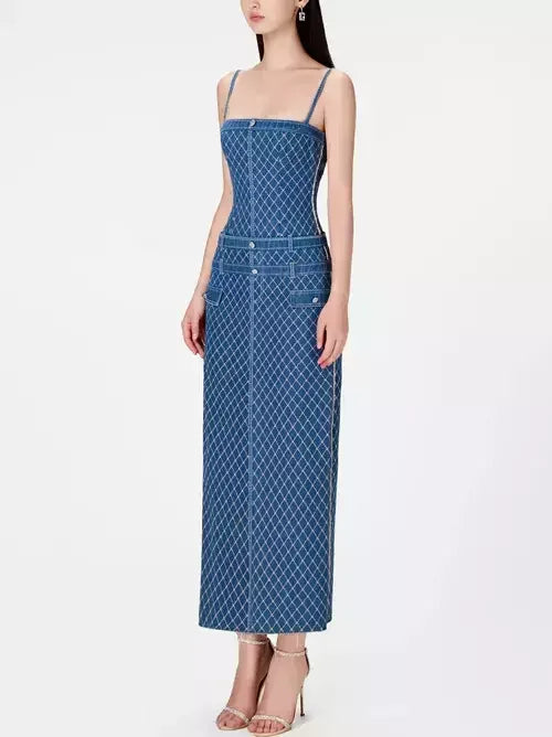 Lattice Pattern Long Denim Sleeveless Dress - Dresses