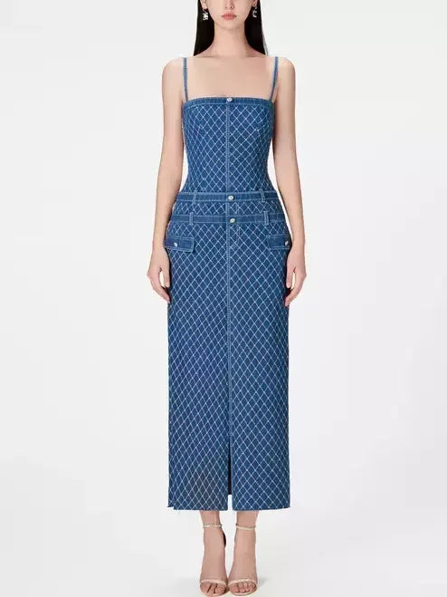 Lattice Pattern Long Denim Sleeveless Dress - Medium - Dresses