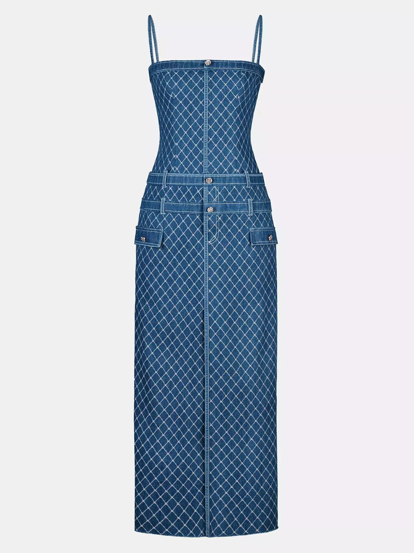 Lattice Pattern Long Denim Sleeveless Dress - Small - Dresses