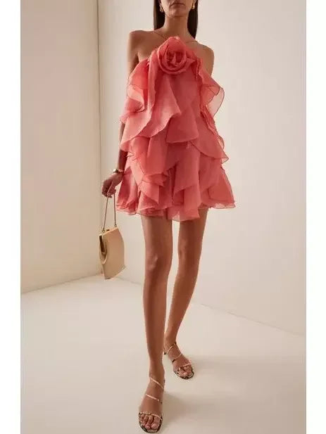 Coral Layered Chiffon Mini Dress with Rose Applique and Ruffled Details