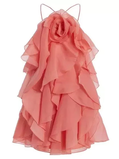 Coral Layered Chiffon Mini Dress with Rose Applique and Ruffled Design