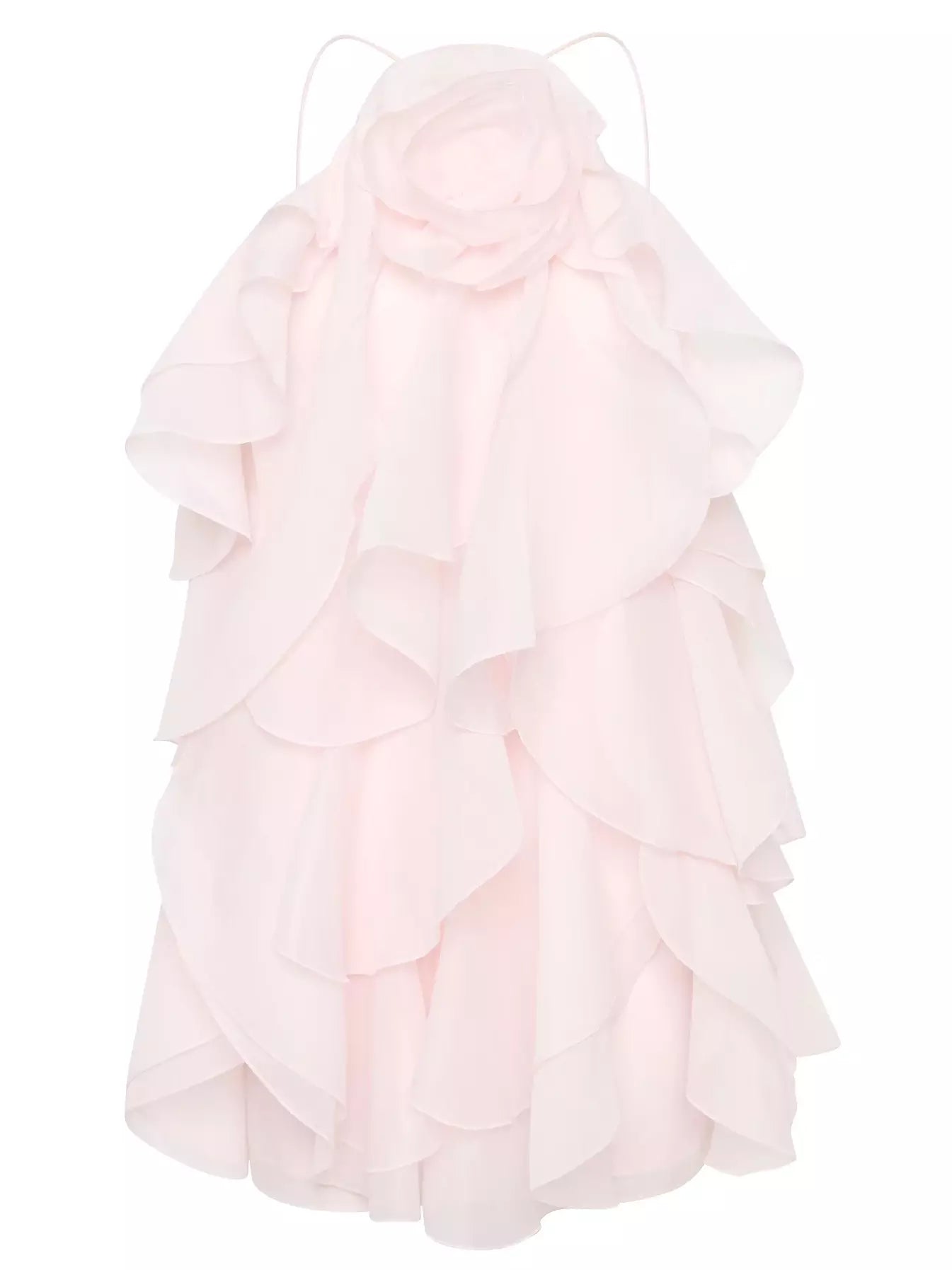 Pale pink ruffled Layered Chiffon Mini Dress with Rose Applique detail