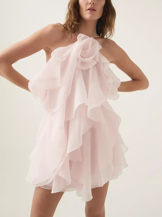 Pale pink ruffled Layered Chiffon Mini Dress with Rose Applique for a stylish look