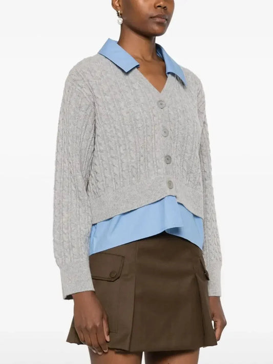 Layered-Effect Blue and Grey Cable Knit Cardigan - Sweaters & Knitwear