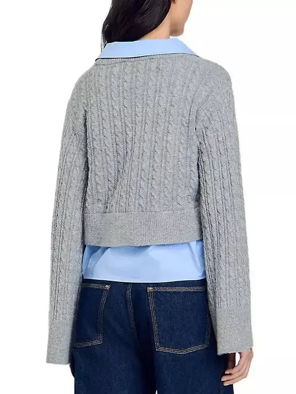 Layered-Effect Blue and Grey Cable Knit Cardigan - Sweaters & Knitwear