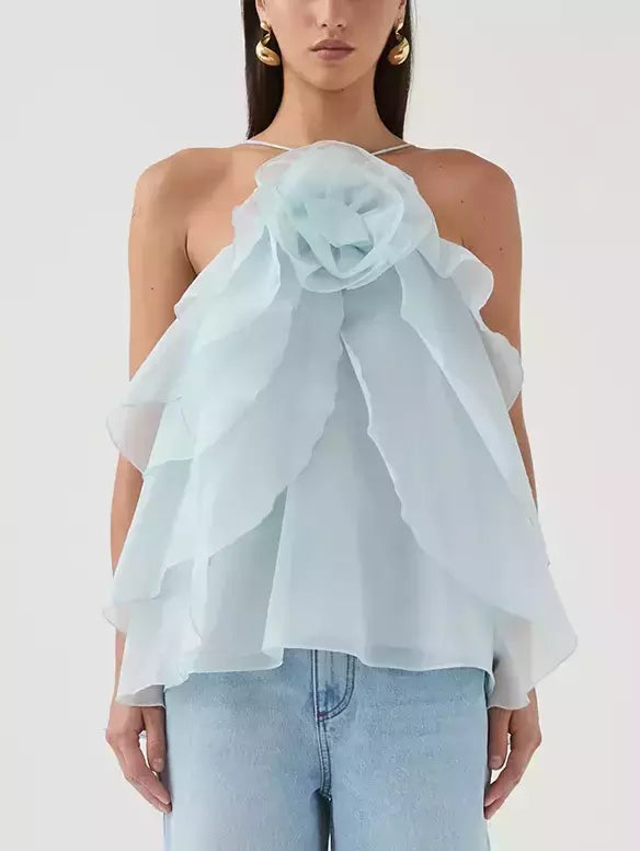 Layered Floral Applique Halter Top - Tops