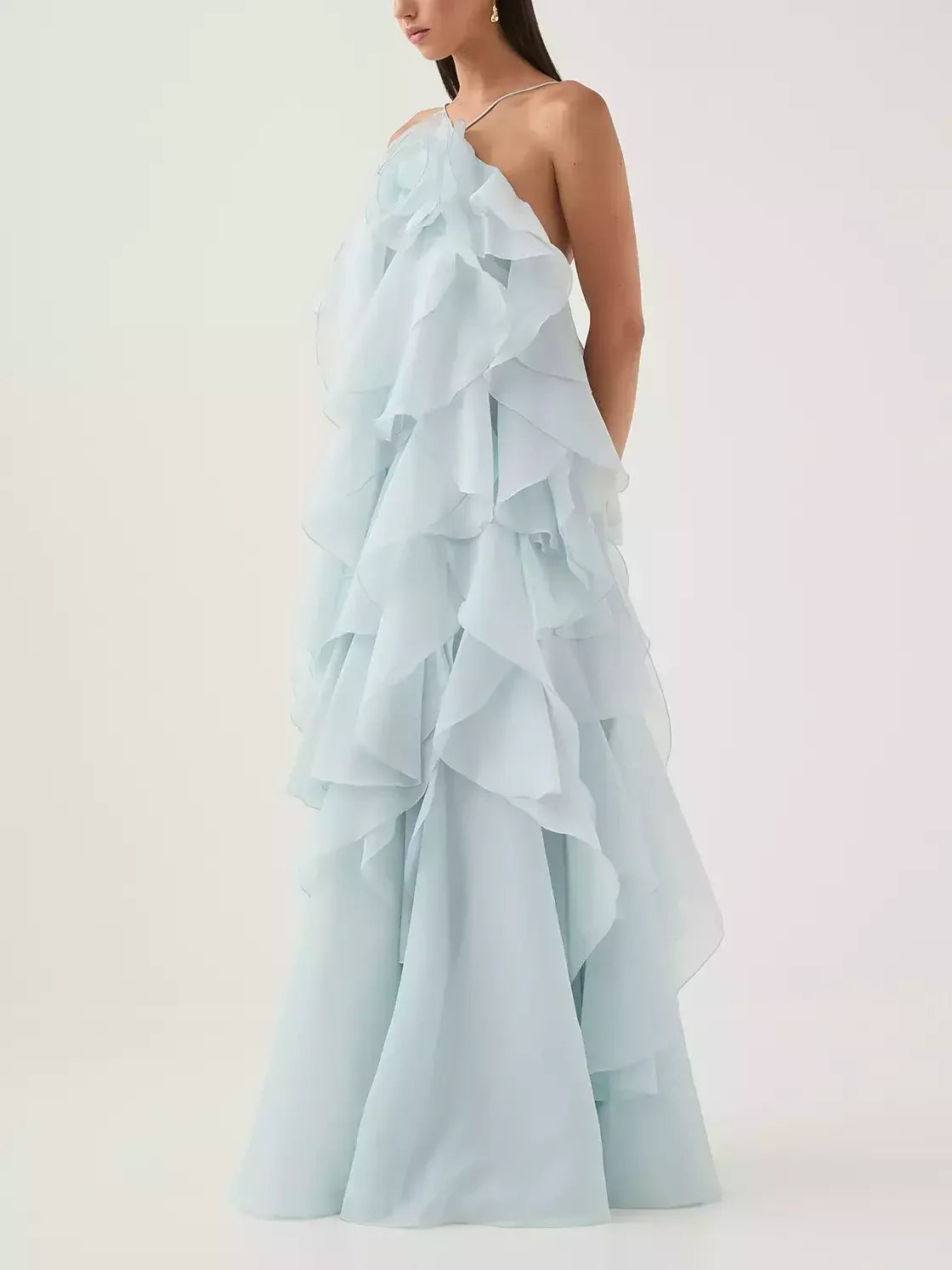 Layered Floral Applique Long Halter Dress - Dresses