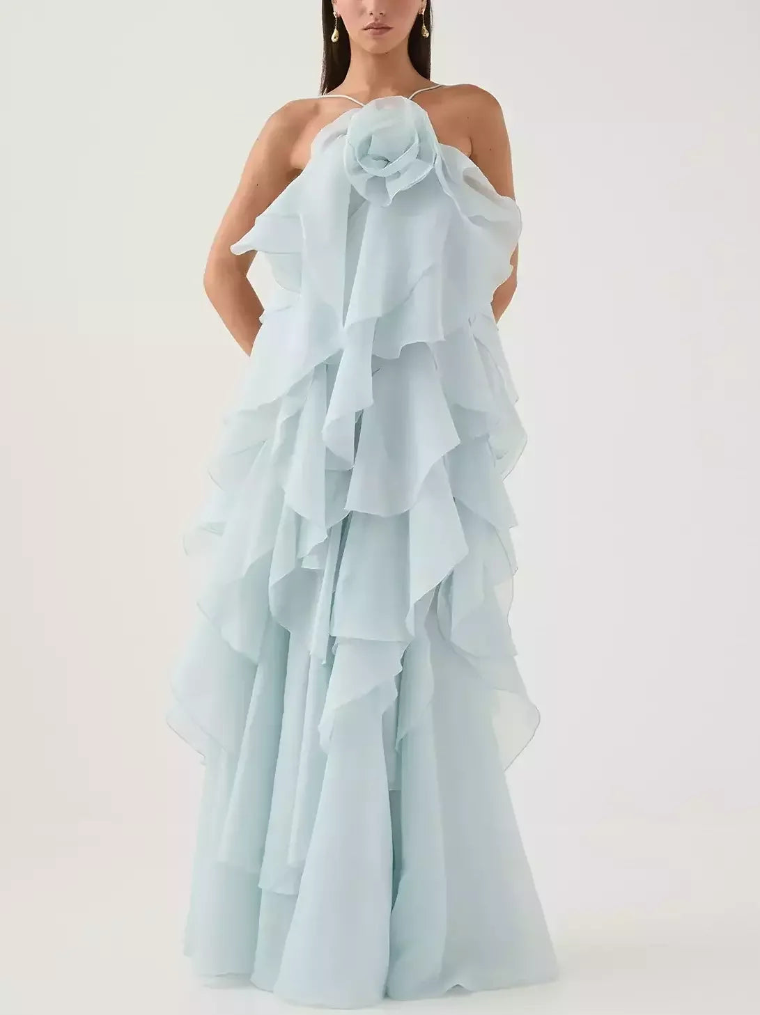 Layered Floral Applique Long Halter Dress - Dresses