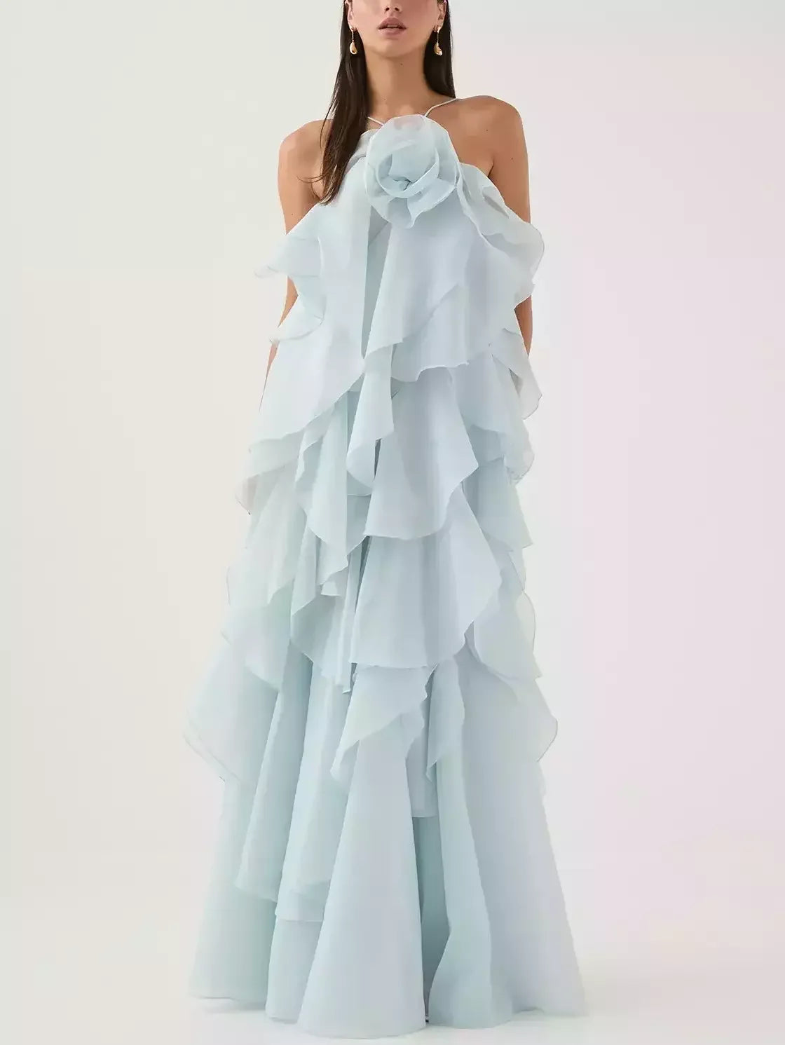 Layered Floral Applique Long Halter Dress - Dresses